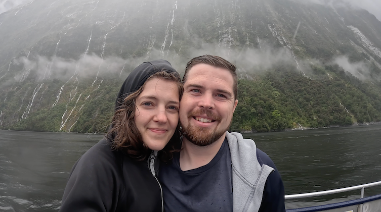 Leslie and Aaron in front of waterfalls