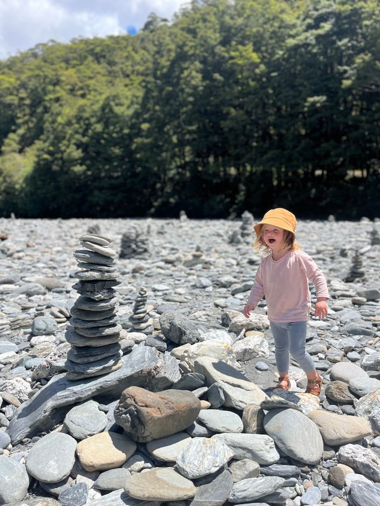 The youngest walking through rock stacks