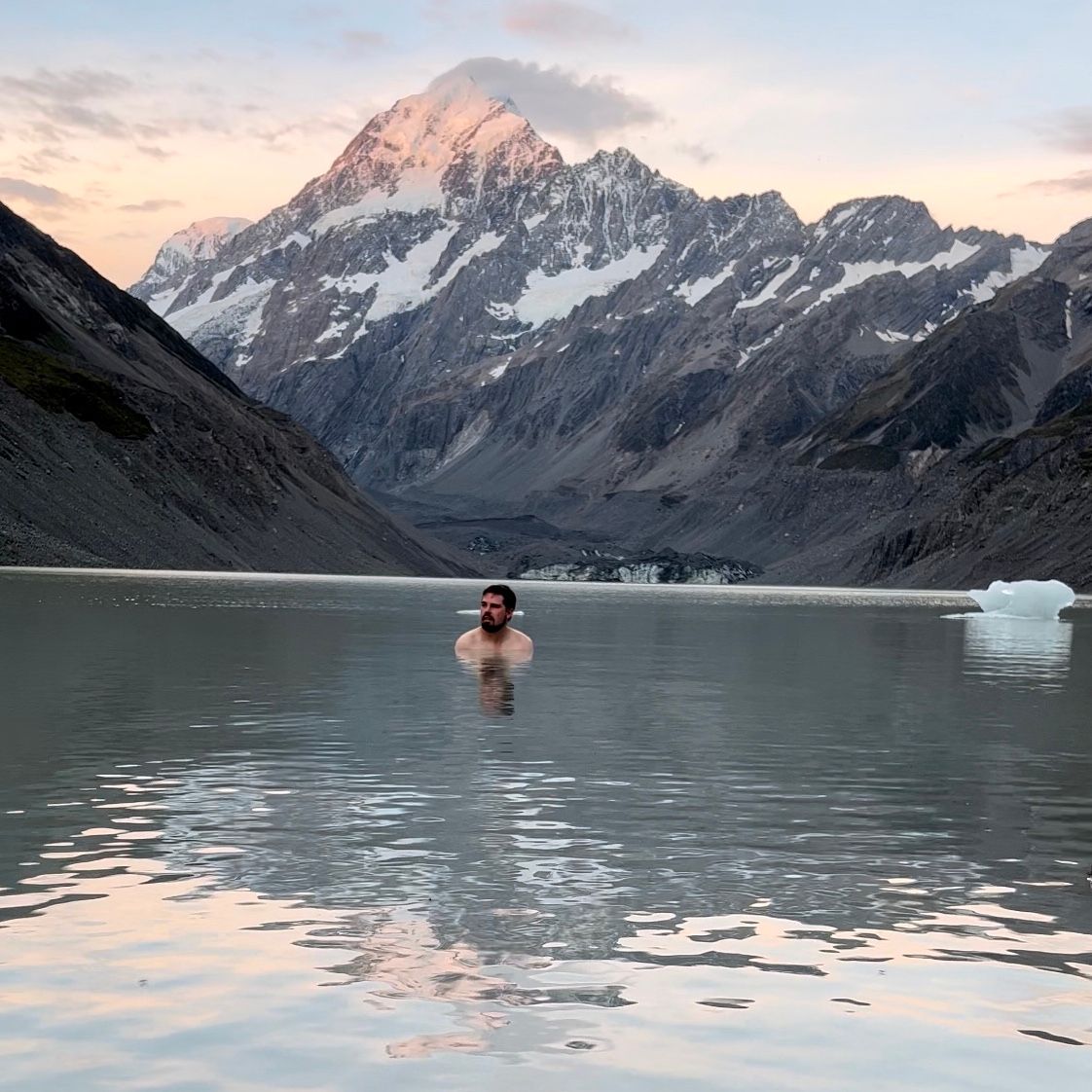 Swimming in a glacier lake in Aoraki/Mount Cook National Park